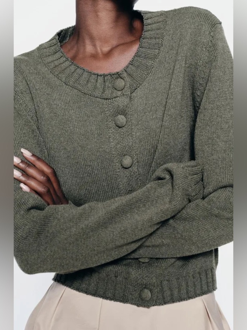 Zara Cotton Blend Crew Neck Cardigan in Green Size L